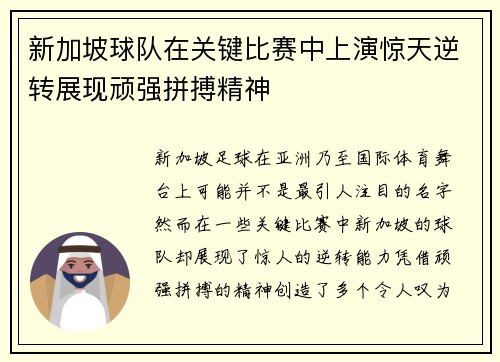 新加坡球队在关键比赛中上演惊天逆转展现顽强拼搏精神