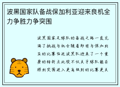波黑国家队备战保加利亚迎来良机全力争胜力争突围